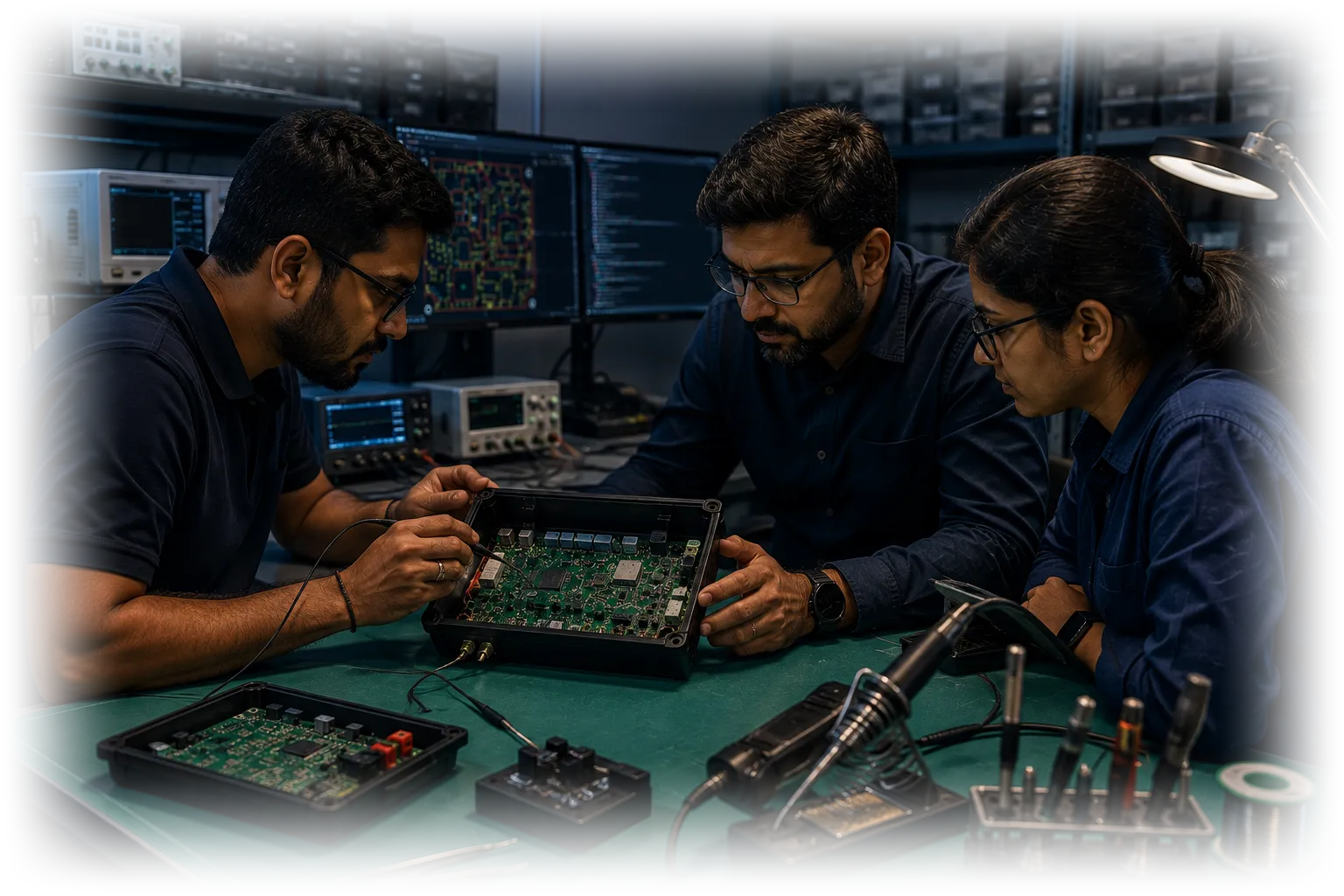 Three XceedMinds engineers at a lab bench, probing an assembled controller board in its enclosure, with a PCB layout and source open on the monitors behind and an oscilloscope, soldering station and hand tools alongside