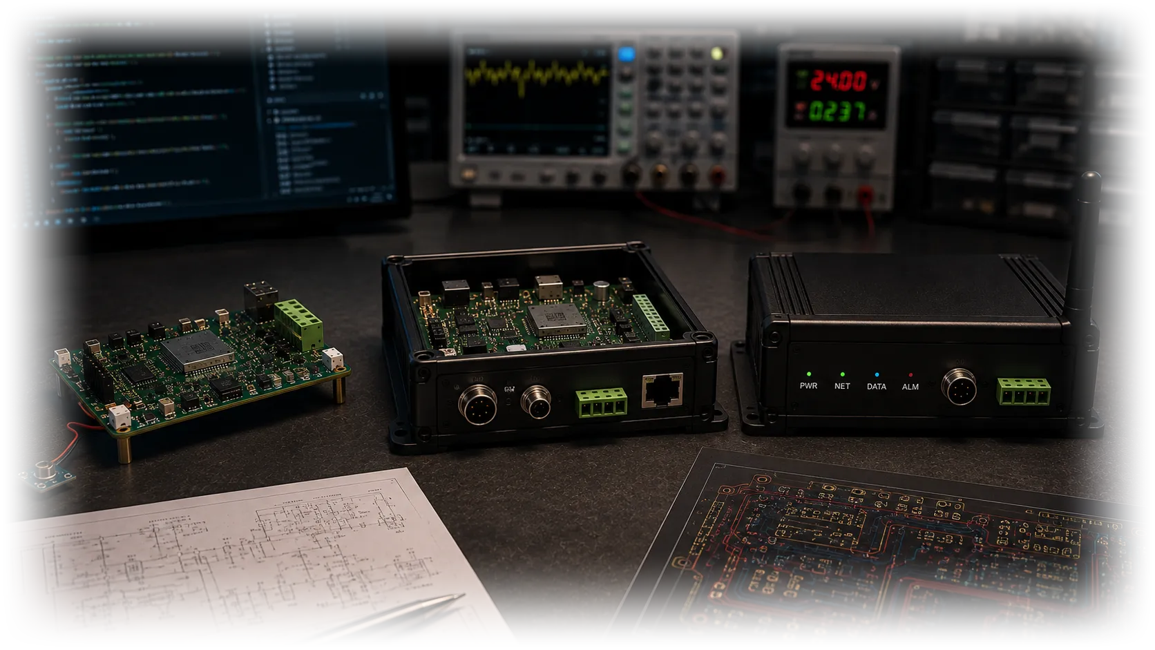 Delivered XceedMinds hardware on a test bench — a bare development board, the same design in a sealed enclosure with M12 and Ethernet connectors, and a finished rack-style unit with status indicators, alongside a schematic print, a layout plot, an oscilloscope and a bench supply