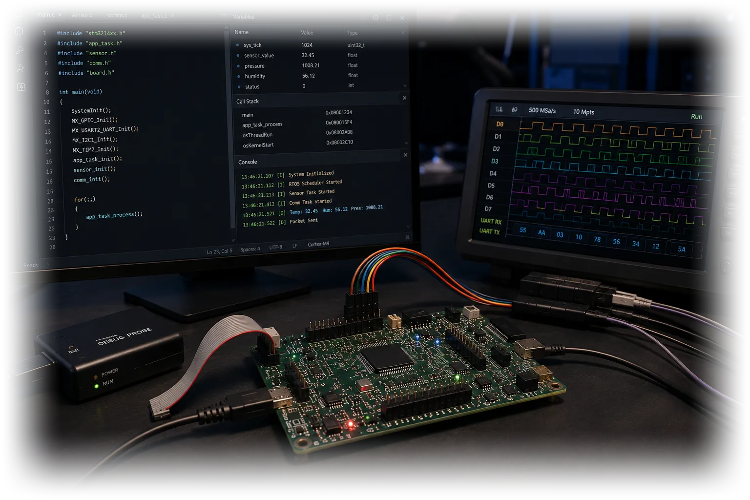 A firmware bring-up bench — an STM32 target board on a debug probe, with the IDE showing main.c, live variables and an RTOS call stack, and a logic analyser capturing the UART frames alongside