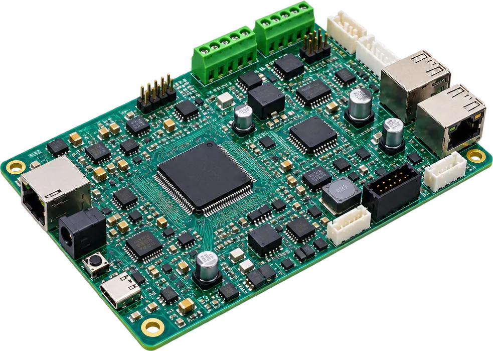 An assembled XceedMinds control board — quad-flat-pack MCU, dual RJ45 Ethernet jacks, stacked USB, pluggable screw terminals, USB-C and a JTAG header on a green four-layer substrate