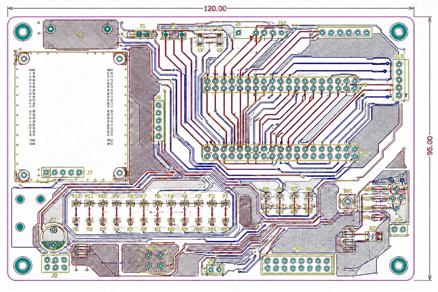 A multilayer PCB layout in CAD — a 120 by 95 mm board showing routed signal and power layers, fine-pitch connector fanout, mounting holes, copper pours and dimensioned board outline