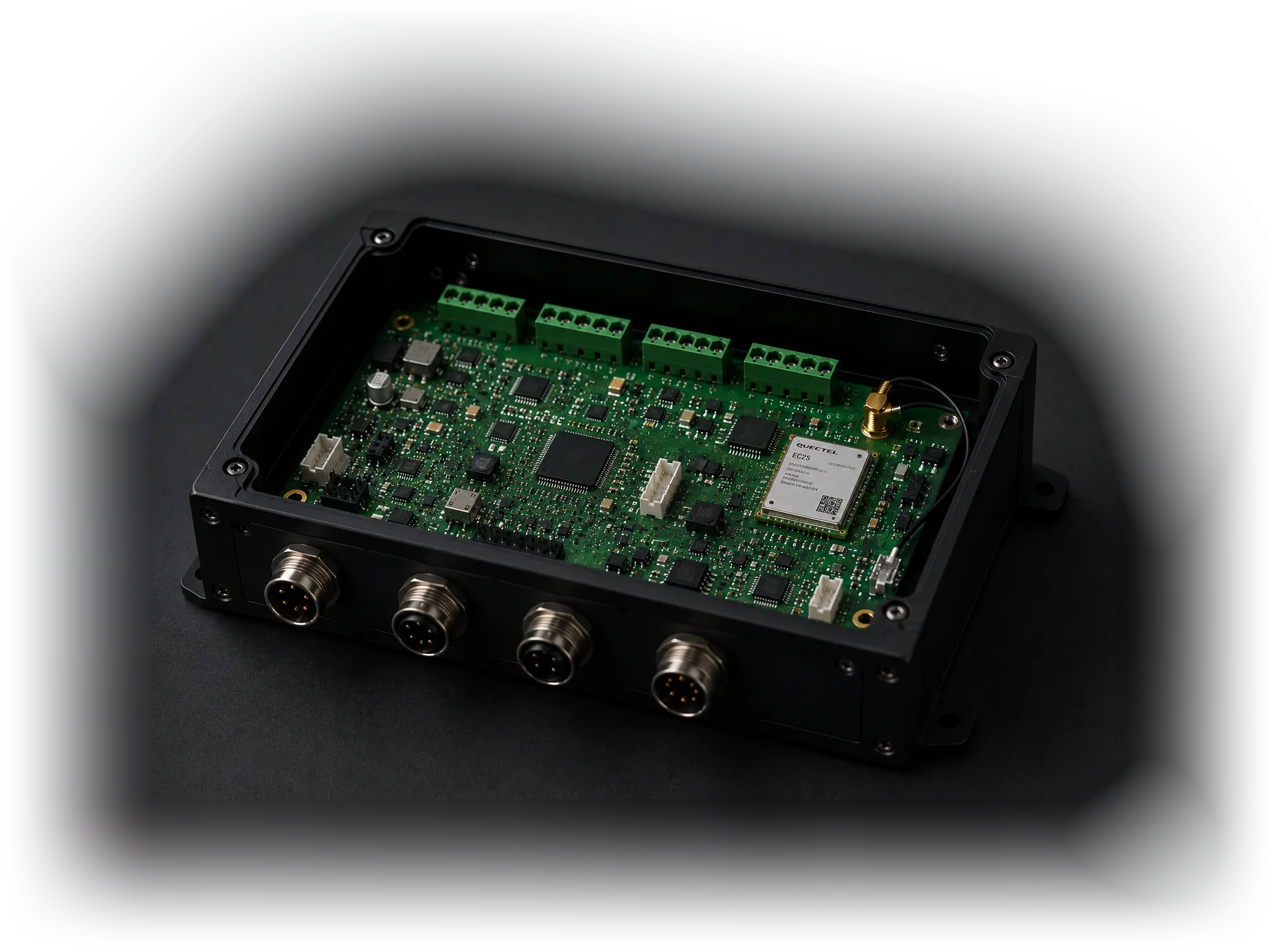 A finished XceedMinds product — a populated controller board inside a sealed machined enclosure, with four M12 circular connectors, pluggable screw terminals, a Quectel EC25 cellular module and an SMA antenna feed